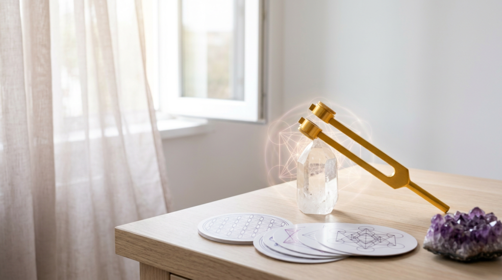 見出し1用: 神聖幾何学で集中力UP｜オフィスの3層ノイズ対策と配置術 - イメージイラスト