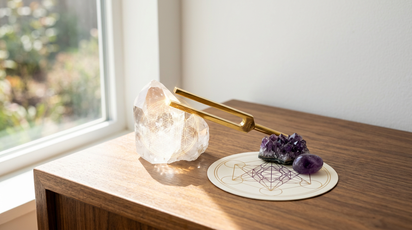 見出し1用: クリスタルチューナーの周波数とは？癒しの音の秘密を初心者向けに解説 - イメージイラスト