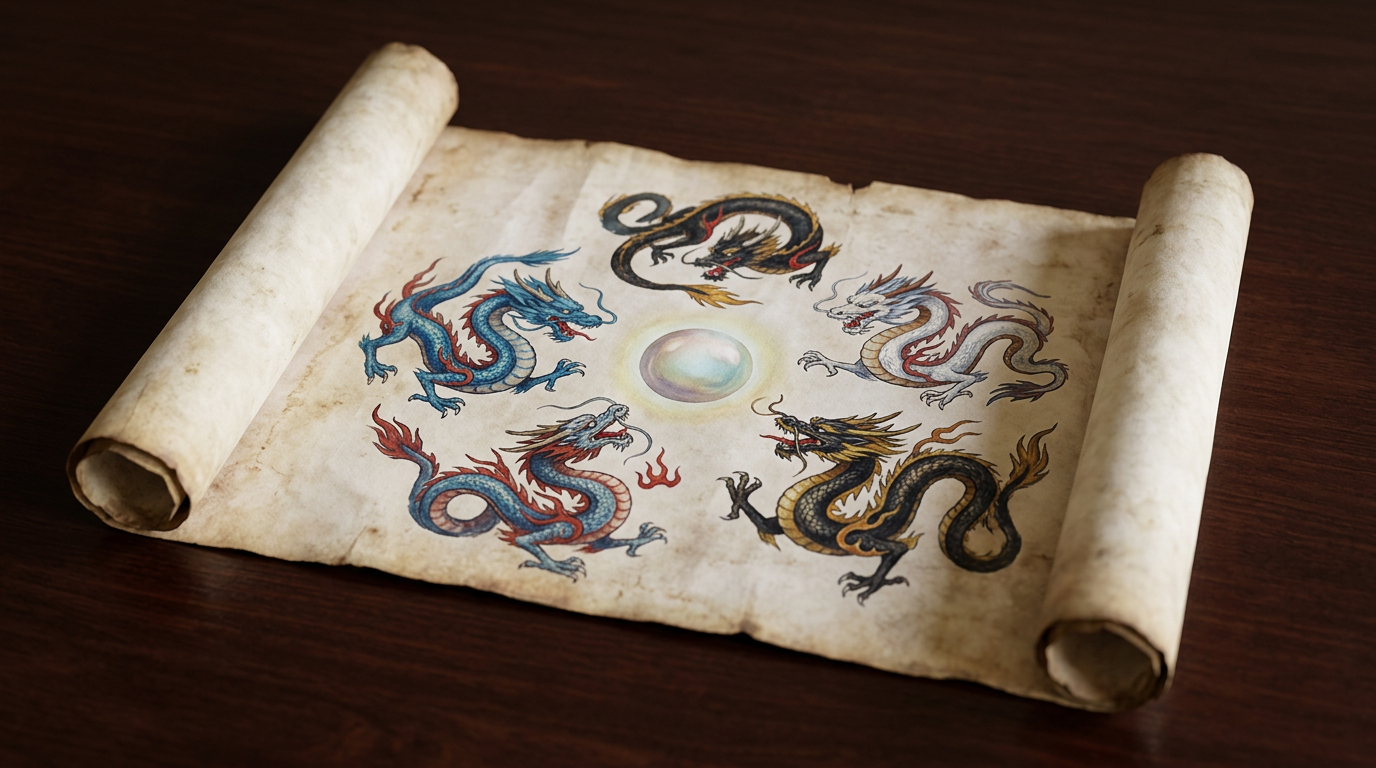 見出し1用: 2026年丙午の五色の龍と方位｜五行思想で空間を調律する設計図 - イメージイラスト