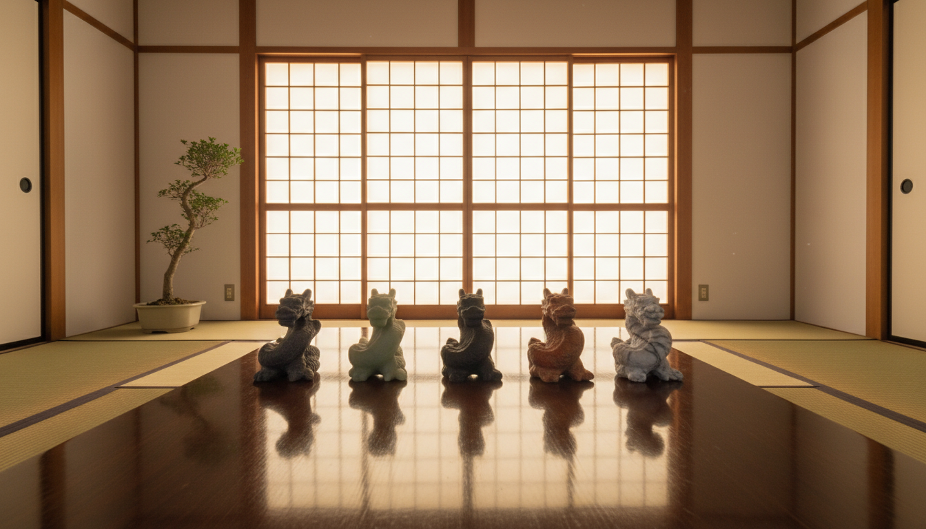 見出し2用: 2026年丙午の五色の龍と方位｜五行思想で空間を調律する設計図 - イメージイラスト